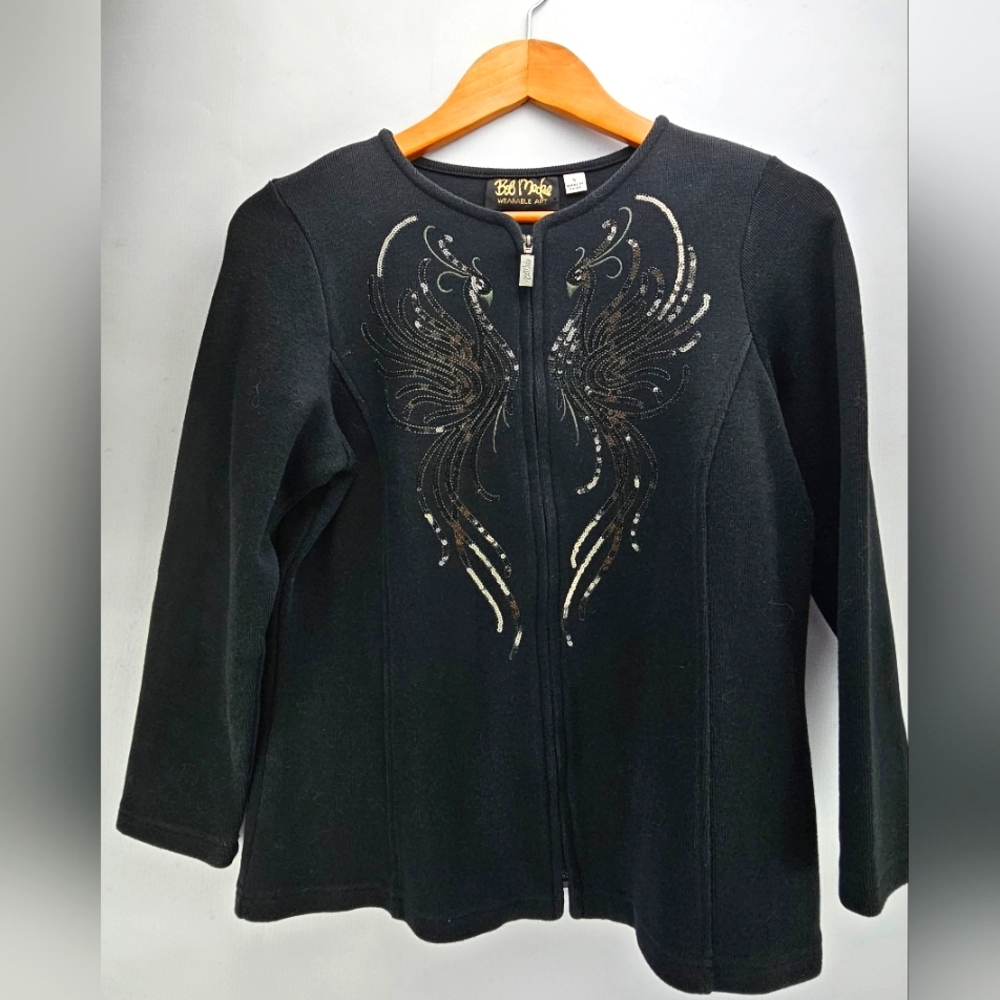 Bob Mackie Wearable Art Sweater Sequin Black Small